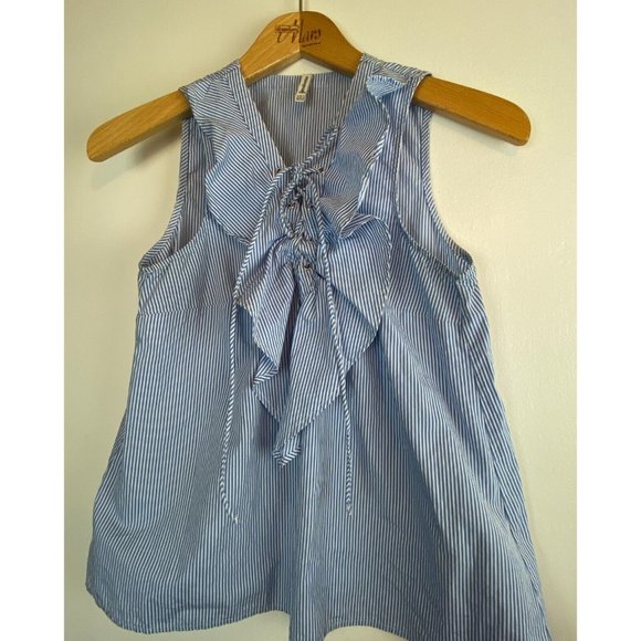 STRADIVARIUS Seersucker Summer Striped Lace Up Tank Top Nautical Blouse Size S - Picture 8 of 9